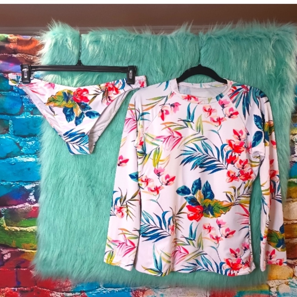 White Floral Pink Blue and Green Swim Shirt and Bottoms
